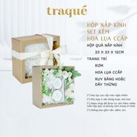 Hộp nắp kính - 6 mẫu Hộp quà tặng giấy Kraft thân thiện môi trường - kèm giấy lót và dây thừng trang trí - Set kèm hoa lụa ccap - Hộp nắp kính
