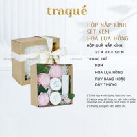 Hộp nắp kính - 6 mẫu Hộp quà tặng giấy Kraft thân thiện môi trường - kèm giấy lót và dây thừng trang trí - Set kèm hoa lụa hồng - Hộp nắp kính