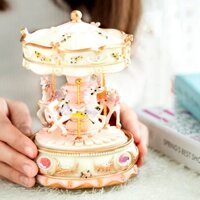 Hộp nhạc ngựa đu quay dây cót hồng tím quà tặng giáng sinh Noel