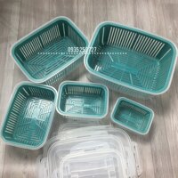 Hộp nhựa đựng thực phẩm bộ 5 món kèm rổ màu xanh - Hộp bảo quản thức ăn, rau củ cất tủ lạnh tiện lợi, nhựa PC CC an toàn