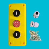 Hộp nút nhấn 3 lỗ, gồm 2 nút nhấn mũi tên màu trắng (1NO) và nút nhấn hình tròn (1NC) - kèm 2 ốc xiếc cáp giữ dây