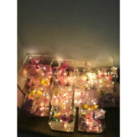 hộp quà mica gấu lopy + bông hoa kèm đèn