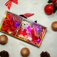 Hộp Quà tặng bạn gái tặng người yêu, hộp quà hoa Hồng son môi+gấu + dây đèn nháy sáng +nc hoa (hộp có quai xách)