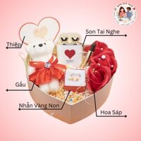 Hộp Quà Tặng Trái Tim Set C6 Gồm Nhẫn Vàng Non Đính Đá , Son Tai Nghe , Gấu Bông,Hoa Sáp,Thiệp