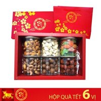 Hộp quà Tết 6 vị Táo Vàng, Mứt thập cẩm, Hạt Hạnh nhân, Hạt Mắc Ca, Hạt Điều lụa, Hạt Dẻ Cười