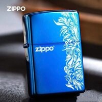 Hộp quẹt ZIPPO mẫu Hoa Văn màu Xanh trên nền trơn bóng, Kim Ánh nhập hàng cao cấp vỏ bằng đồng có dán tem đỏ