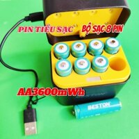 Hộp sạc pin AA BESTON 1.5V 8 slot mẫu mới M7036 USB-C dùng cho micro karaoke, máy ảnh, khóa cửa từ