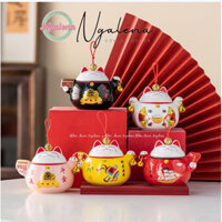 Hộp sứ mèo thần tài, thỏ may mắn đựng trà, hạt..đa năng 2 size 11.5-18cm
