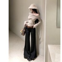 Hợp Thời Trang Mặt Trước Gợi Cảm Xếp Ly Dài Tay Áo Thun Nữ Xuân 2025 Phong Cách Mới Bên Trong Slanted Vai Đáy Áo Sơ Mi Top