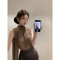Hợp Thời Trang Mặt Trước Gợi Cảm Không Tay Ruy Băng Xếp Ly Áo Sơ Mi Voan Nữ Mùa Hè Ống Ngắn Top Hai Mảnh Bộ