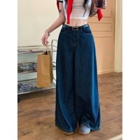 Hợp Thời Trang Mặt Trước Màu Xanh Đậm Quần Jean Ống Rộng Nữ Đầu Xuân Rửa Rời Tất Cả Trận Đấu Drap Thẳng Thường Ngày Trous