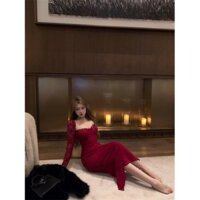 Hợp Thời Trang Mặt Trước Tính Khí Ren Cổ Vuông Đầm Nữ Mùa Đông Dài Tay Váy Gợi Cảm Slim-Fit Hẹp-Waist