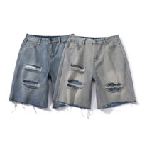 Hợp Thời Trang Nam Rửa Nước Đau Khổ Mùa Hè Denim Quần Short American High Street Crop Quần Retro Rửa Rách Quần