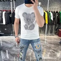 Hợp Thời Trang Thương Hiệu Phổ Biến Gấu Kim Cương Giả Cổ Tròn Tay Ngắn Mới Phổ Biến Nguyên Chất Cotton Nửa Tay