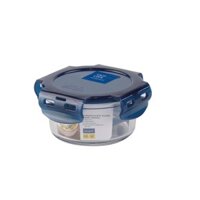 Hộp thủy tinh tròn MICRONWARE Chef Lock 325ml - 6081 || MICRONWARE Chef Lock glass food container with blue lid 325ml - 6081