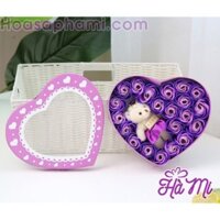 Hộp tim hoa hồng sáp thơm 1 gấu tone tím sang trọng