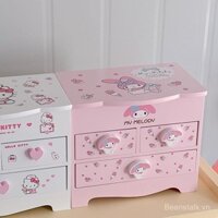 Hộp trang sức gỗ Hello Kitty, hộp lưu trữ cho bông tai, dây chuyền, phụ kiện, màu vàng với gương, hộp trang điểm dễ thương