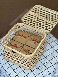 Hộp Tre Vuông Đựng Quà Đan Lưới Mắt Cáo Lục Giác 19x19xh15cm