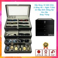 Hộp Tủ Đựng 18 Mắt Kính 6 Đồng Hồ & Trang Sức - 4 Tầng Vỏ Da Carbon - Hộp Đựng Mắt Kính Và Đồng Hồ Nhiều Ngăn Cao Cấp