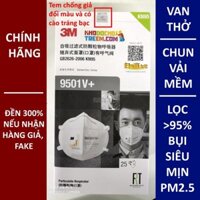 Hộp túi 25 cái khẩu trang 3M 9501V+ KN95 N95 P2 FFP2 lọc 95% bụi siêu mịn PM2.5 có van lọc khí chun vải mềm hơn 9501VT