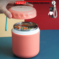 Hộp Ủ Cháo nhựa PP lòng trong inox 500ml Kèm thìa Cao cấp Shalla C61 Tặng móc khóa gấu treo - HỒNG CAM
