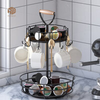 HOPEUP Giá để đồ hai lớp Giá đỡ cốc cà phê Thiết kế xoay được Công suất lớn Dụng cụ sắp xếp mặt bàn nhà bếp có móc