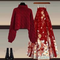Horse-Face Skirt Two-Piece Red Combat Clothes New Chinese New Year Matching Turtleneck Ankela Hanfu Christmas Sweater