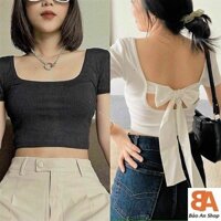Hot Áo croptop cổ vuông tay ngắn cột dây lưng dành cho nữ free size dưới 53kg chất thun xuất khẩu