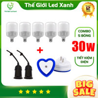 [HOT] Bộ 5 bóng đèn led 30W + Đèn ngủ thông minh TRÁI TIM + 2 Đuôi Kín nước E27