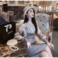 [HOT] Đầm Ôm Phối Kiếng Tay Phồng Màu Xám - Váy Công Sở Đẹp Cao Cấp - Đâm Ôm Sang Trọng