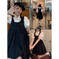 [HOT]  Đầm Yếm Nữ Đen Phối Màu Cộc Tay ,Váy Yếm Nữ Có Cổ Dáng Lỡ Chất Đũi Q054