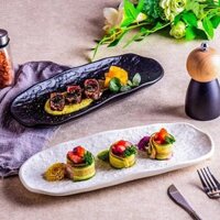 (HOT) Đĩa lá oval men nhám sóng đen/trắng 25-30cm, khay sushi kimbab - Bát đĩa sứ nhà hàng cao cấp