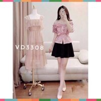 Hot (  ĐỒ NỮ ĐẸP ) ÁO HỒNG REN THÊU HOA CHÂN VÁY ĐEN