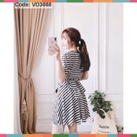 Hot ( ĐỒ NỮ ĐẸP ) ĐẦM THUN SỌC TRẮNG ĐEN XÒE XOẮN EO