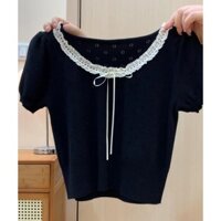 Hot Girl Phong Cách Nơ Trắng Băng Lụa Tay Ngắn Dệt Kim Nữ Ba Lê Phong Cách Puffy Bánh Đầm Váy Ngắn