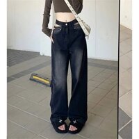 Hot Girl Quần Jean Đen Nữ Thiết Kế Eo Cao Rời Ôm Hơn Nhìn Rộng Chân Lau Quần