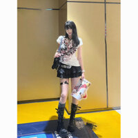 Hot Girl Retro Slim Millennium T T-shirt Niche Summer y2k Slimming Top Punk Short Sleeve v Collar Female Print Subculture