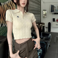 Hot Girl Tay Ngắn Cổ Áo Thun Vintage In Hình Ngắn Đáy Áo Sơ Mi Slim Fit Lộn Rốn Thiết Kế Áo