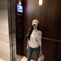 Hot Girl xiên Vai Ngắn Tay Rời Áo Thun Nữ Mùa Hè 2025 Phong Cách Mới Thường Ngày Không Đều Màu Trơn Phù Hợp Với Học Sinh Hàng Đầu