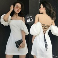 HOT (HÌNH THẬT) Đầm Rớt Vai Trắng Đan Dây Lưng Đen (TRẮNG) (còn ít)