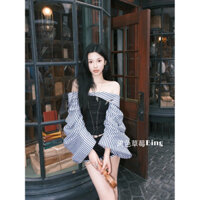 Hot Pants Puff Sleeve off-Shoulder Stitching Women's Striped Korean Top Hot Girl Pleated Two-Piece Low Waist Lace-up Summer Y3MD