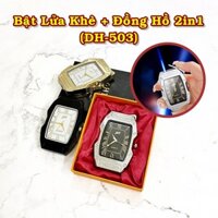 Hột quẹt bật lửa khè đồng hồ 2IN1 DH503 mặt vuông kim loại - xài gas - Vàng - Có hộp