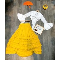 Hot sẵn hàng váy maxi boho vàng sét áo váy boho chân váy maxi xếp tầng kèm turban
