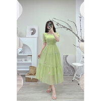 [HOT] Váy tơ nhăn thêu hoa 3 tầng, nhúm bụng tôn dáng, tay cộc có chun bo, dáng dài qua đầu gối, mặc đi làm, đi chơi