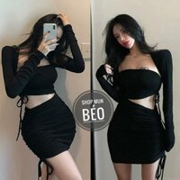 HOT (VIDEO+HÌNH THẬT) Đầm Body Tay Dài Dây Rút Khoét Eo Sexy (ĐEN) (còn ít)