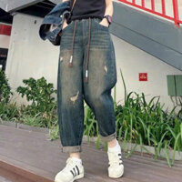 (HOT)Quần jean baggy mềm cạp cao tôn dáng lưng chun kèm dây rút phối rách 2 bên - Hàng cao cấp - Nữ,