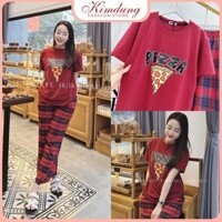 💖HOT💖Set Bộ Đồ Nữ Áo Phông Đỏ Pizza Ngắn Tay Mix Quần Kẻ Suông Hoạ Tiết Caro Freesize - Kim Dung Fashion Store