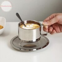 Houdou 180ml / 200ml Cốc Cà Phê Hai Lớp Chống Nóng Bộ Cốc Trà Inox Có Đĩa Và Thìa VN