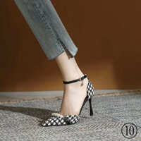 Houndstooth Baotou Dép Rỗng Nữ 2023 Xuân Hè Phong Cách Mới Mũi Nhọn Giày Cao Gót Phong Cách Chanel Giày Đơn
