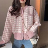 Houndstooth Dệt Kim Cardigan Nữ Phong Cách Mới Giống Như Chồn Áo Ngắn Thời Trang Mặc Ngoài Phong Cách Chanel Áo Len Áo Khoác